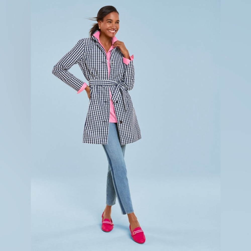 Talbots Black & White Gingham Belted Mac Coat Size 16